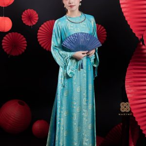 Áo Dài Gấm Phượng Hoàng MARYMY Màu Xanh Ngọc Thiết Kế Cách Tân Thanh Lịch
