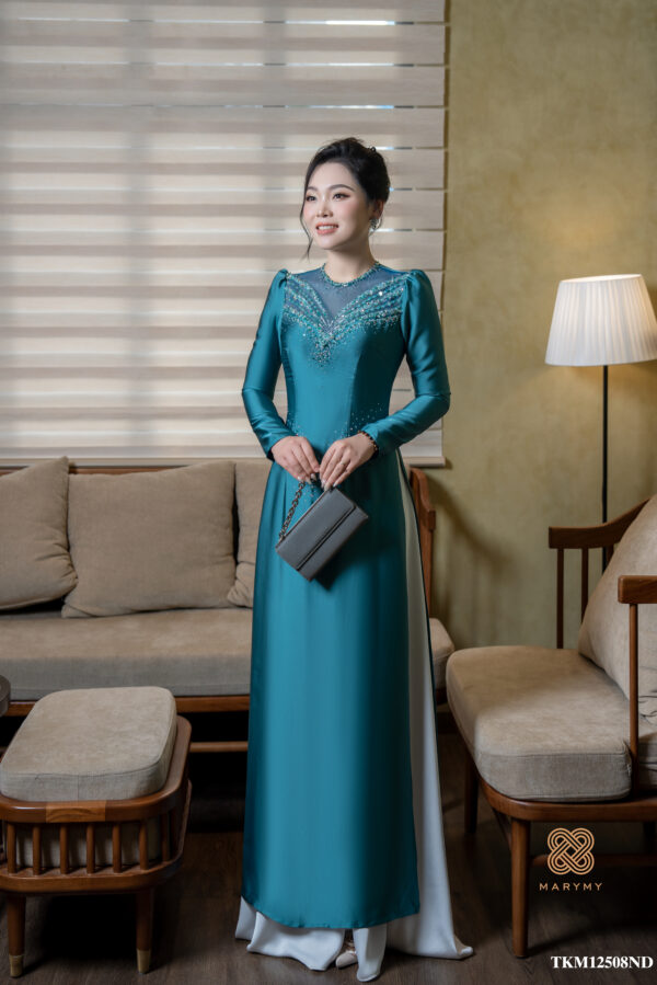 Áo Dài Mẹ Thủy Vân MARYMY Chất Liệu Lụa Hàn Châu Thiết Kế Đính Kết Trước Ngực Sang Trọng