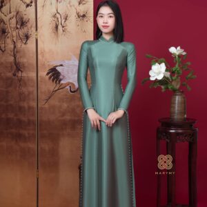 Áo Dài Truyền Thống Lụa Vân Gỗ MARYMY 4 Tà Màu Màu Xanh Lý