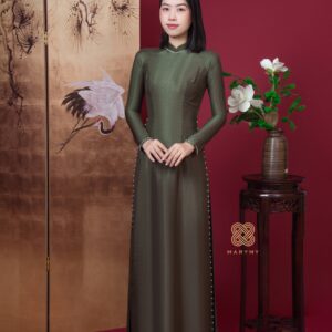 Áo Dài Truyền Thống Lụa Vân Gỗ MARYMY 4 Tà Màu Xanh Rêu