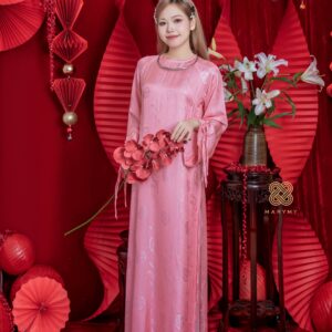 Áo Dài Gấm Phượng Hoàng MARYMY Màu Hồng Thiết Kế Cách Tân Thanh Lịch