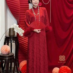 Áo Dài Cách Tân Gấm Vân Sa MARYMY Thiết Kế Tay Lông Vũ Thanh Lịch