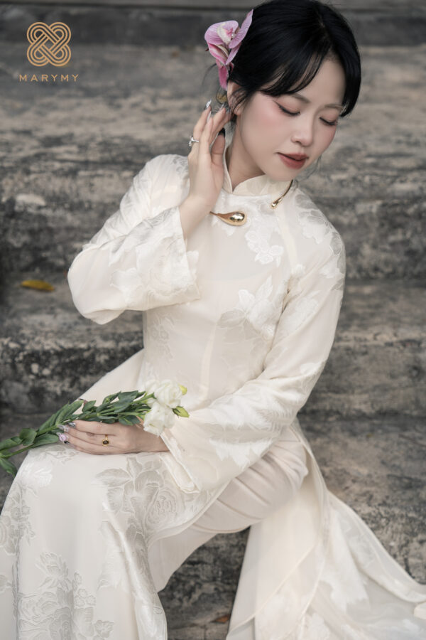Áo Dài Cách Tân Hồng Lam MARYMY Cổ Trụ 4 Tà