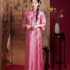 Áo Dài Cách Tân Vân Trúc Hồng MARYMY Tơ Tằm Thọ Dơi Đính Charm Thắt Dây Cách Điệu
