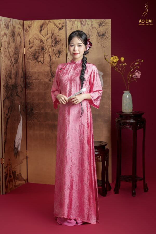 Áo Dài Cách Tân Vân Trúc Hồng MARYMY Tơ Tằm Thọ Dơi Đính Charm Thắt Dây Cách Điệu