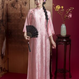 Áo Dài Cách Tân Vân Trúc Hồng Pastel MARYMY Tơ Tằm Thọ Dơi Đính Charm Tết Dây Cách Điệu