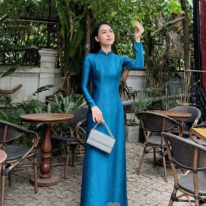 Áo Dài Truyền Thống Lụa Thạch Anh Xanh Cổ Vịt MARYMY