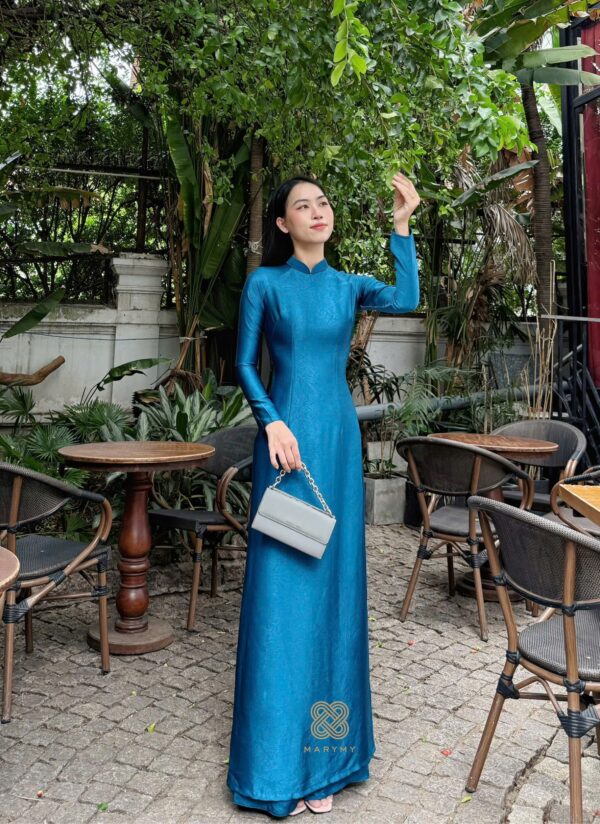 Áo Dài Truyền Thống Lụa Thạch Anh Xanh Cổ Vịt MARYMY