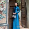 Áo Dài Truyền Thống Lụa Thạch Anh Xanh Cổ Vịt MARYMY