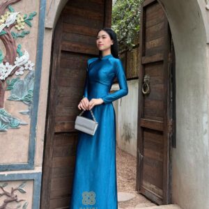 Áo Dài Truyền Thống Lụa Thạch Anh Xanh Cổ Vịt MARYMY