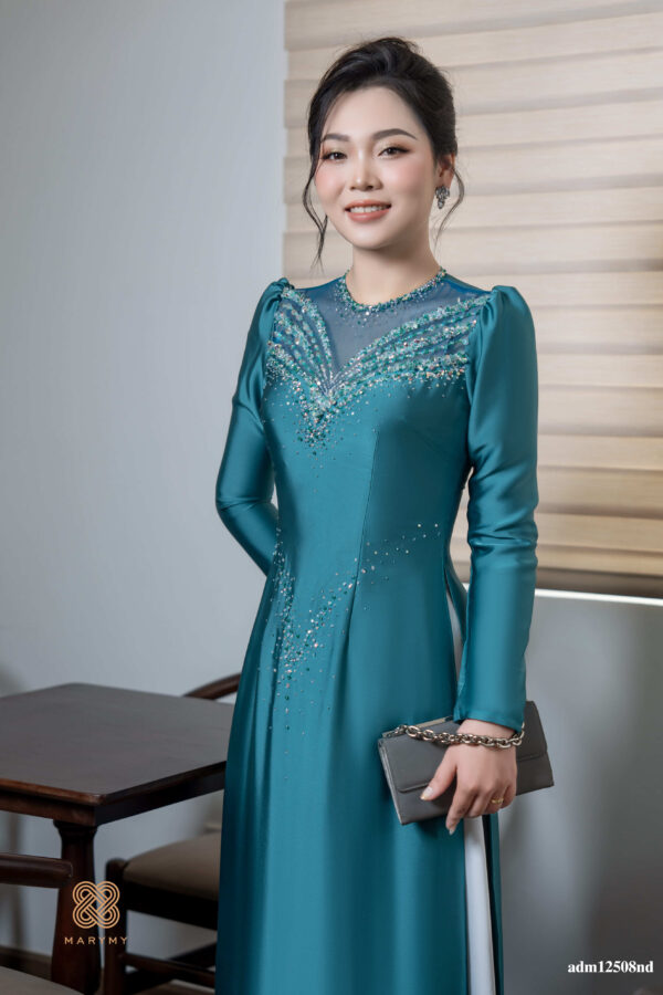 Áo dài mẹ sui Thủy Vân MARYMY Lụa Hàn Châu Cổ Tròn Đính Kết