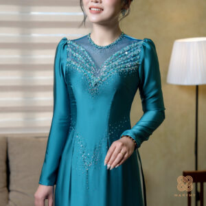 Áo dài mẹ sui Thủy Vân MARYMY Lụa Hàn Châu Cổ Tròn Đính Kết