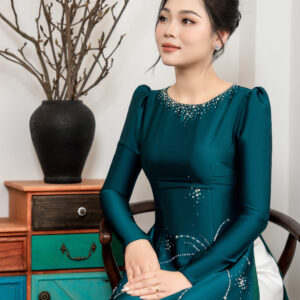 Áo dài mẹ sui Sắc Pháo Lụa Hàn Châu Tay Bồng Đính Kim Sa