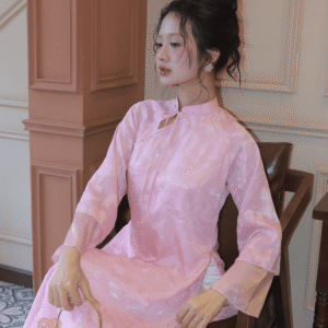 Áo Dài Cách Tân Hoa Vũ Hồng MARYMY Voan Dập Hoa Nổi Cổ Chéo Nơ