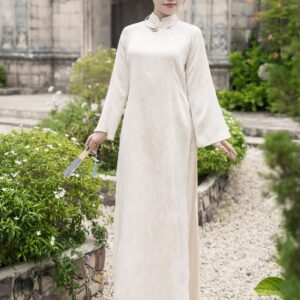 Áo Dài Cách Tân Ban Hạ Be MARYMY Chất Liệu Gấm Cao Cấp Dệt Vân Nổi Đính Charm Ngay Cổ Cách Điệu