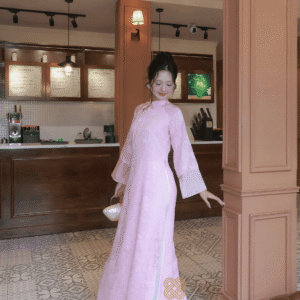 Áo Dài Cách Tân Hoa Vũ Hồng MARYMY Voan Dập Hoa Nổi Cổ Chéo Nơ-1