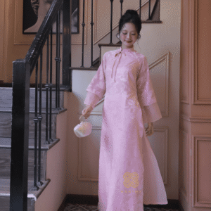 Áo Dài Cách Tân Hoa Vũ Hồng MARYMY Voan Dập Hoa Nổi Cổ Chéo Nơ-4