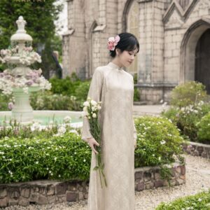 Áo Dài Cách Tân Lam Tiêu MARYMY Chất Liệu Tơ Tằm Thiết Kế Cổ Trụ Đính Charm Thanh Lịch