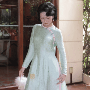 Áo Dài Cách Tân Ngọc Lam Hoa MARYMY Tơ Tằm Hoa Trà Nút Dọc Sườn