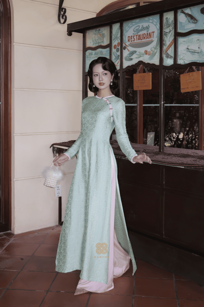 Áo Dài Cách Tân Ngọc Lam Hoa MARYMY Tơ Tằm Hoa Trà Nút Dọc Sườn