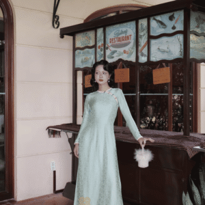 Áo Dài Cách Tân Ngọc Lam Hoa MARYMY Tơ Tằm Hoa Trà Nút Dọc Sườn