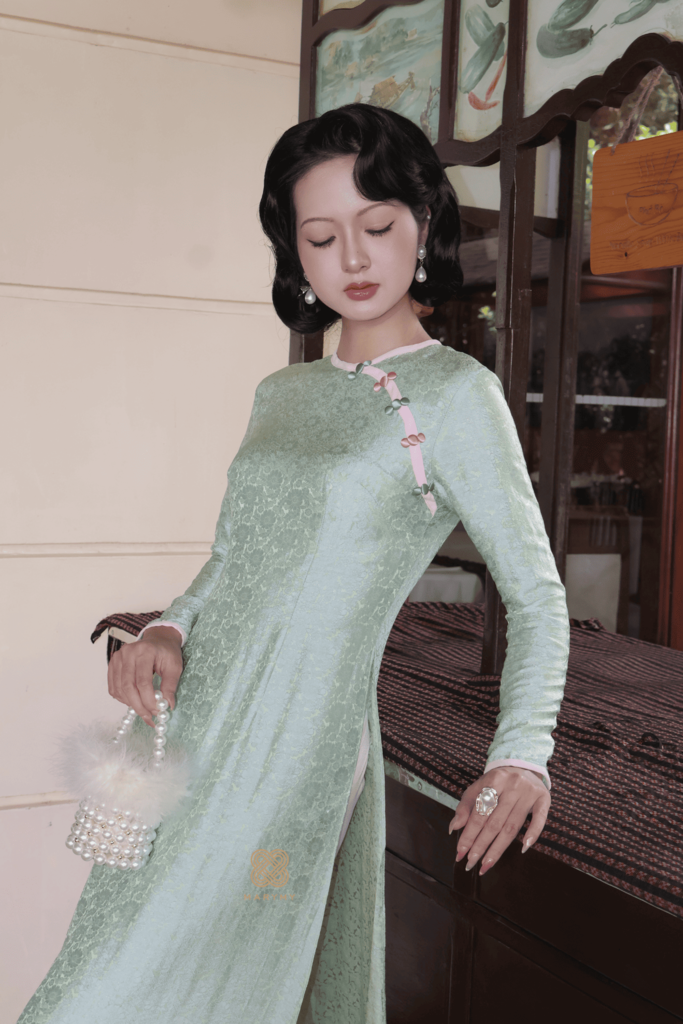 Áo Dài Cách Tân Ngọc Lam Hoa MARYMY Tơ Tằm Hoa Trà Nút Dọc Sườn