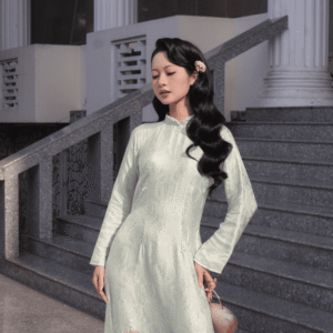 Áo Dài Cách Tân Thiên Yết MARYMY Tơ Tằm Cổ Trụ Đính Kết Pha Lê