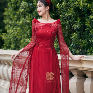 Áo Dài Dâu Điệp Liên Tâm MARYMY Thiết Kế Ren Phối Hoa 3D