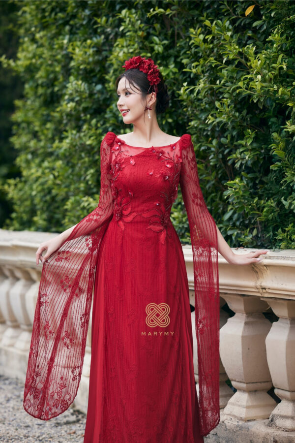 Áo Dài Dâu Điệp Liên Tâm MARYMY Thiết Kế Ren Phối Hoa 3D