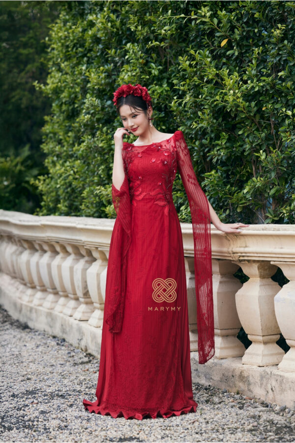 Áo Dài Dâu Điệp Liên Tâm MARYMY Thiết Kế Ren Phối Hoa 3D