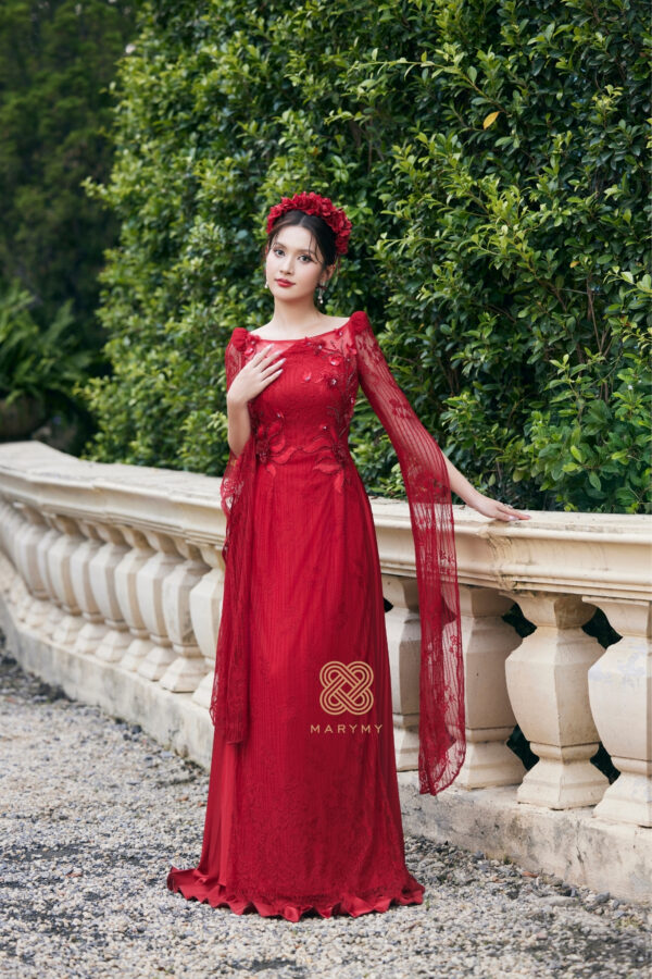 Áo Dài Dâu Điệp Liên Tâm MARYMY Thiết Kế Ren Phối Hoa 3D