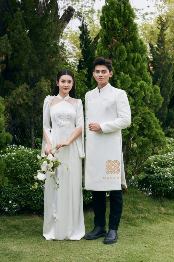 Áo Dài Dâu Rể Bạch Duyên MARYMY Kết Hợp Chữ Hỷ Và Hoa 3D