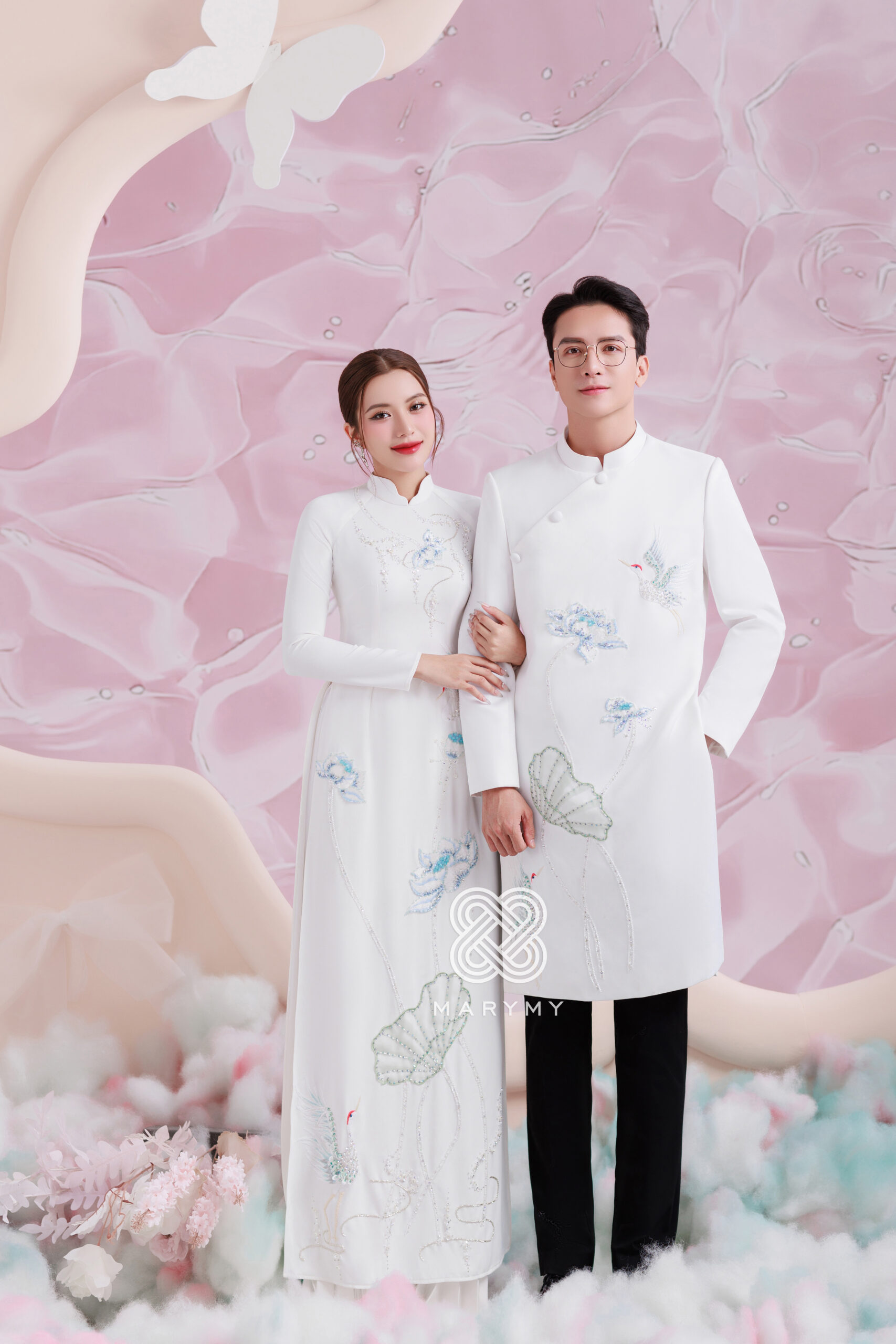 Áo dài dâu rể Chim Hạc và Hoa Sen MARYMY