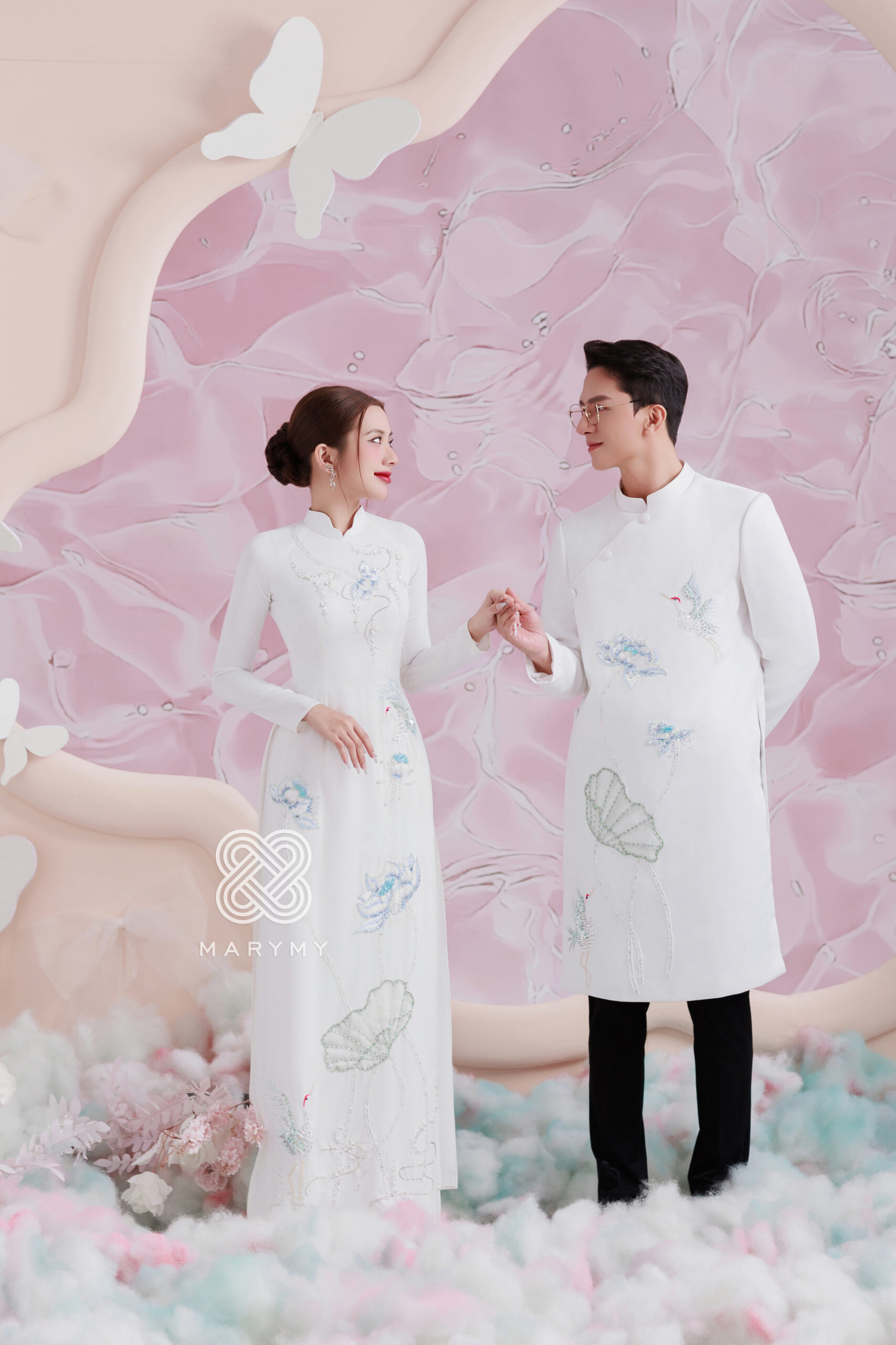Áo dài dâu rể Chim Hạc và Hoa Sen MARYMY