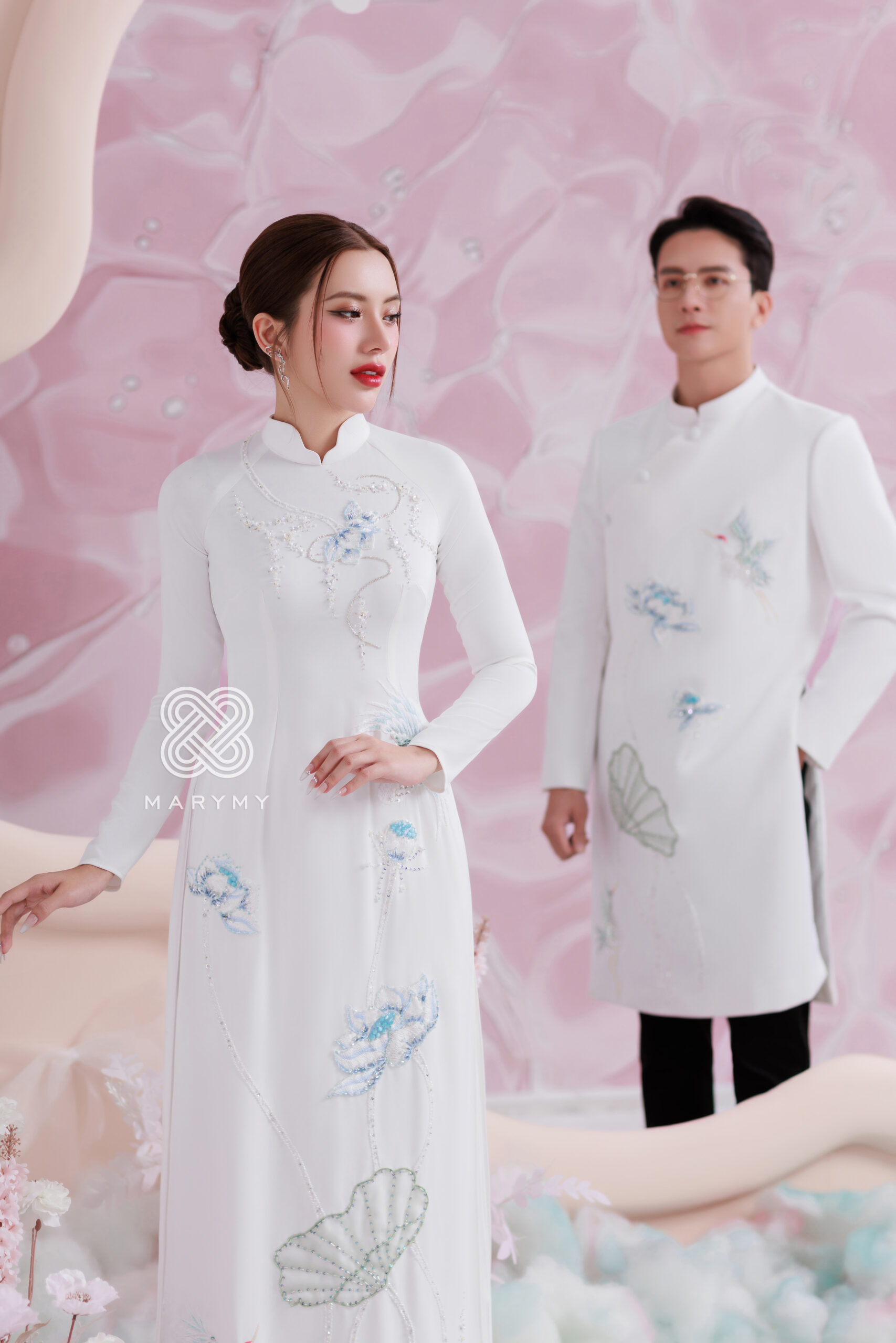 Áo dài dâu rể Chim Hạc và Hoa Sen MARYMY