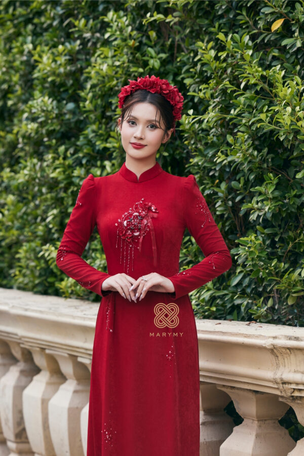 Áo Dài Dâu Rể Kết Tâm Giao MARYMY Thiết Kế Đính Hoa Và Nơ 3D