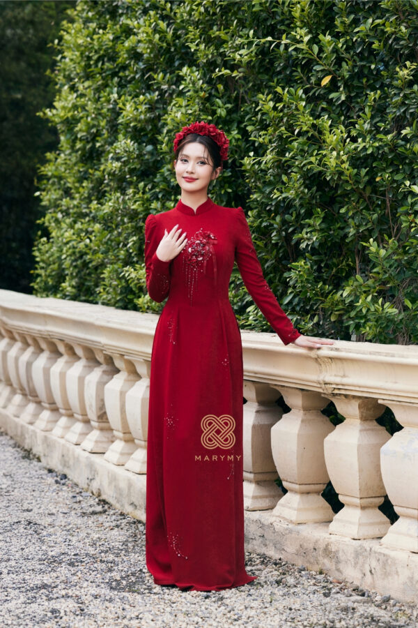 Áo Dài Dâu Rể Kết Tâm Giao MARYMY Thiết Kế Đính Hoa Và Nơ 3D