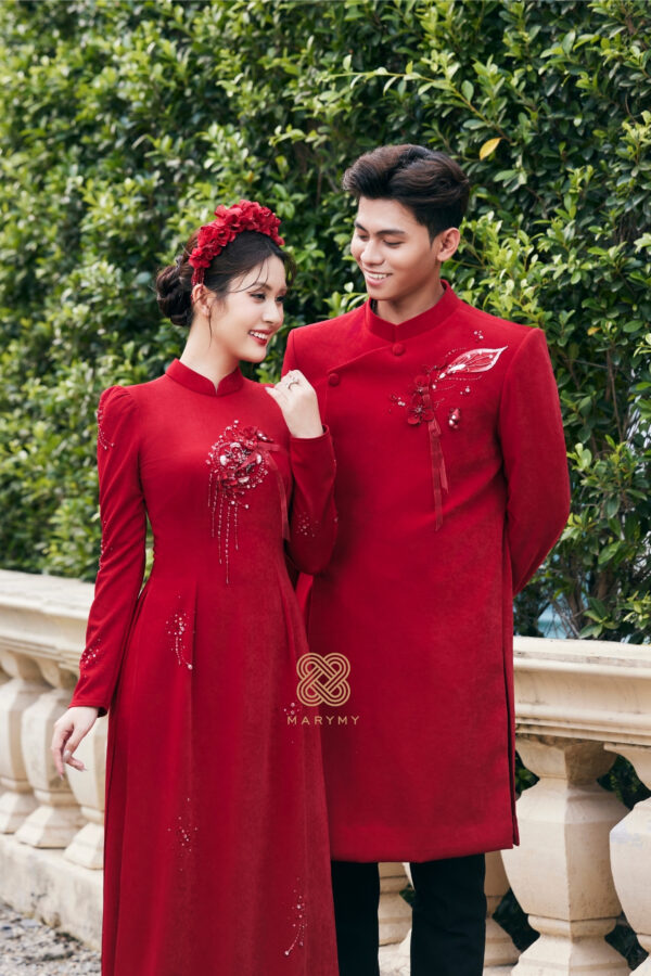 Áo Dài Dâu Rể Kết Tâm Giao MARYMY Thiết Kế Đính Hoa Và Nơ 3D