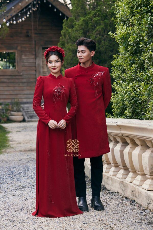 Áo Dài Dâu Rể Kết Tâm Giao MARYMY Thiết Kế Đính Hoa Và Nơ 3D