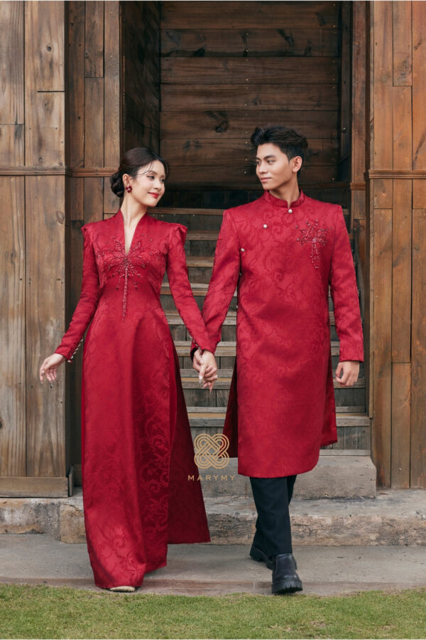 Áo Dài Dâu Rể Liên Ý MARYMY Gấm Cao Cấp Đính Kết Hoa