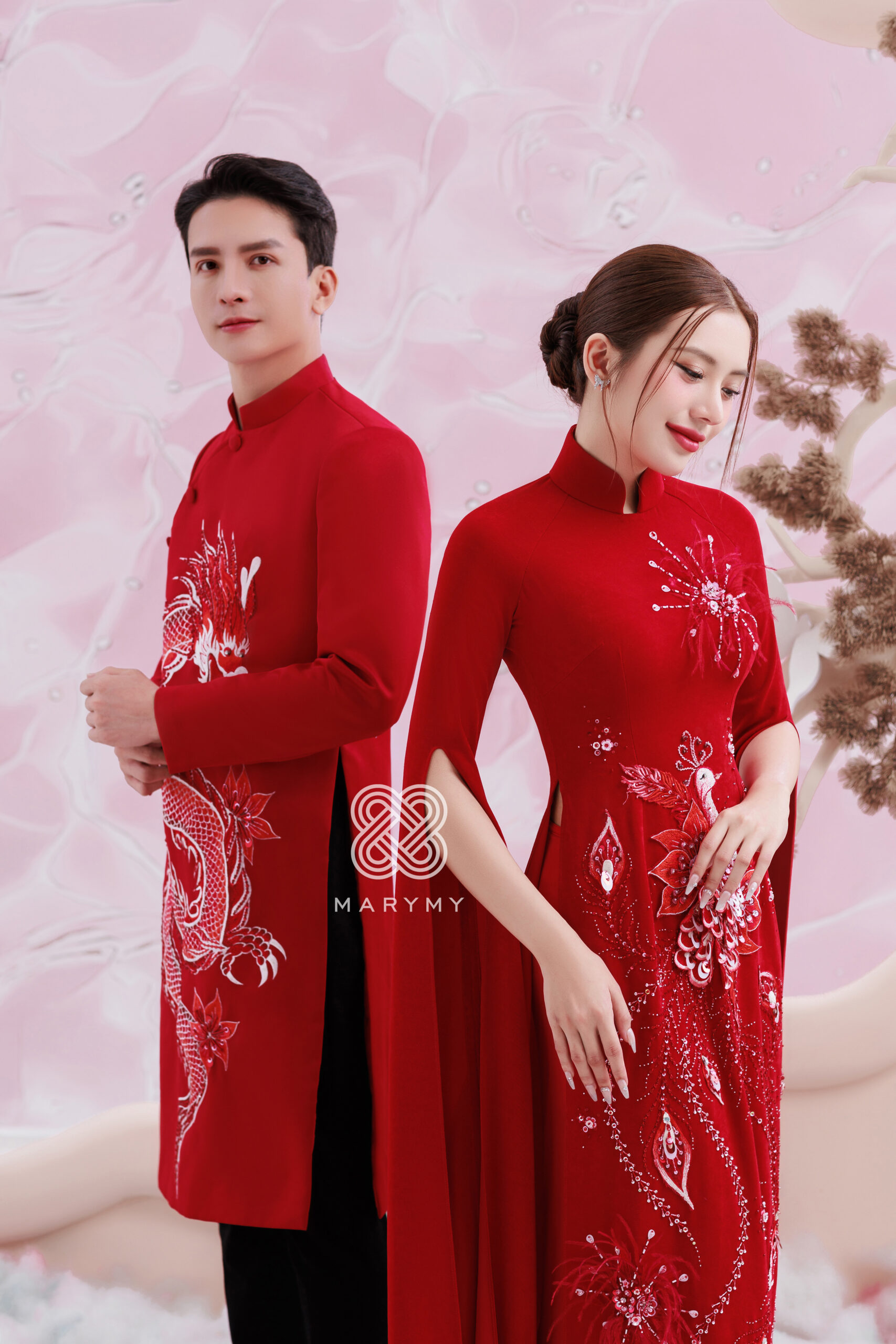 Áo dài dâu rể Long Phượng MARYMY Họa tiết Giao Long và Phượng Hoàng