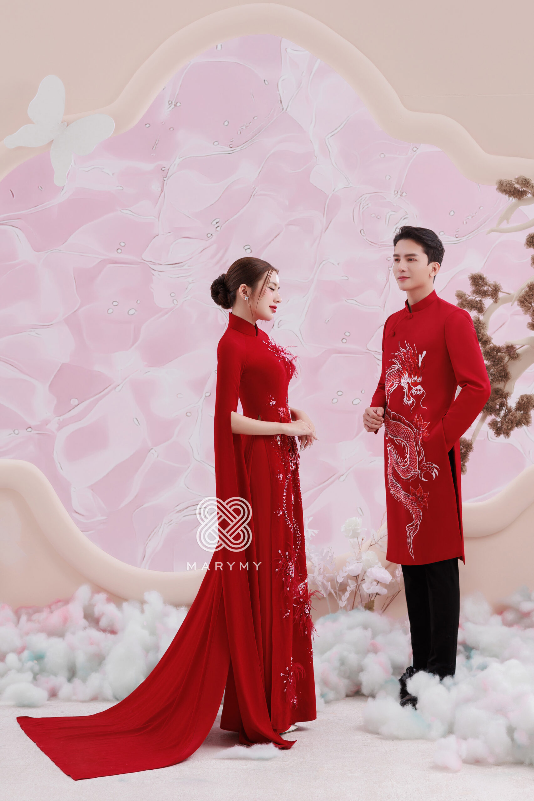 Áo dài dâu rể Long Phượng MARYMY Họa tiết Giao Long và Phượng Hoàng