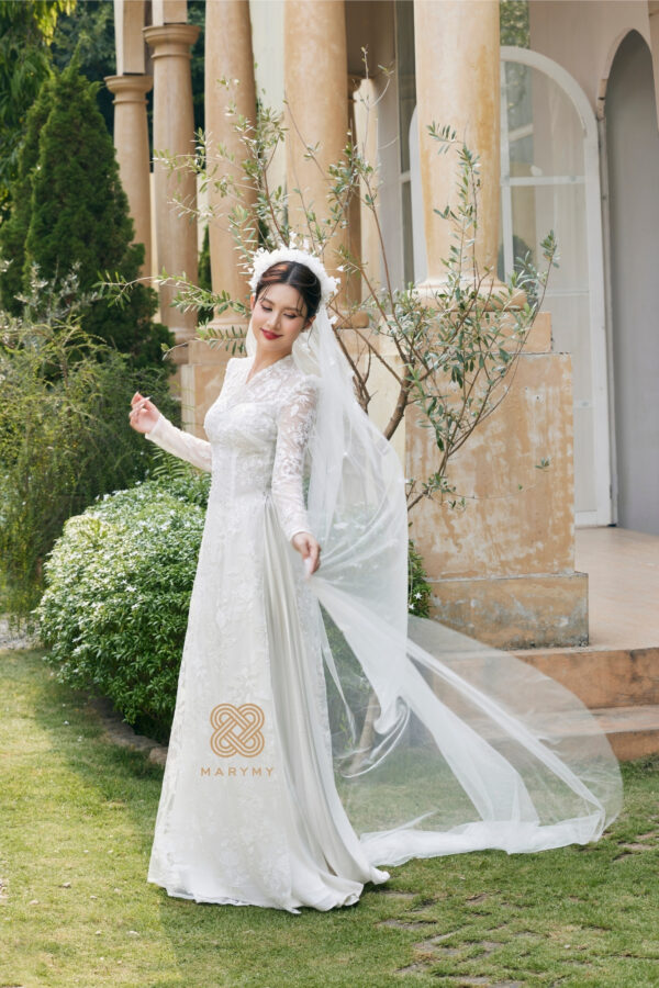 Áo Dài Dâu Rể Tuyết Lam MARYMY Thiết Kế Ren Hoa