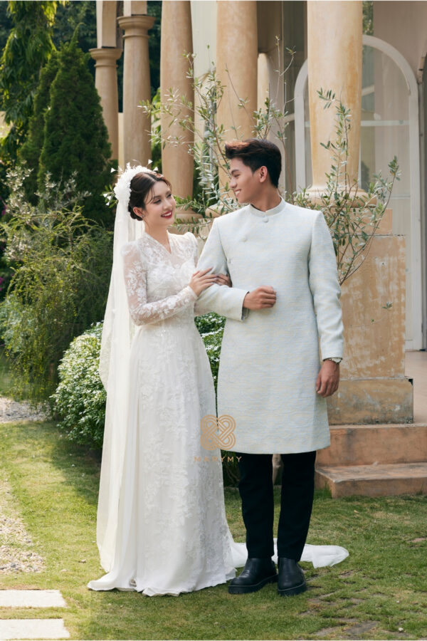 Áo Dài Dâu Rể Tuyết Lam MARYMY Thiết Kế Ren Hoa