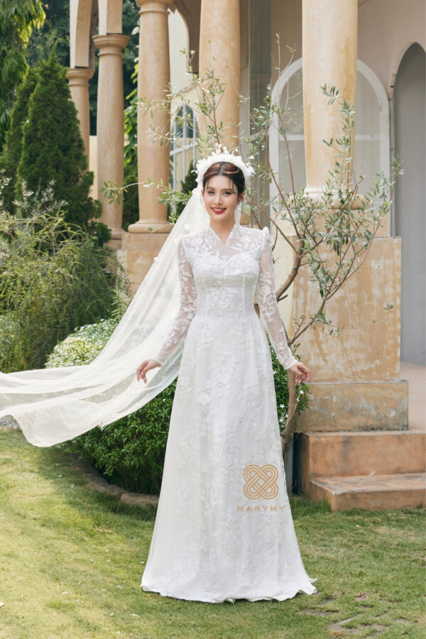 Áo Dài Dâu Rể Tuyết Lam MARYMY Thiết Kế Ren Hoa