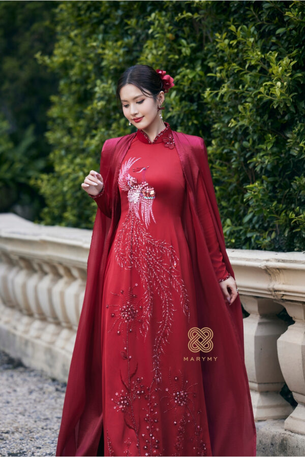 Áo Dài Dâu Thiên Hỷ Phụng Nghi MARYMY Kết Hợp Chim Phụng Và Hoa 3D